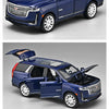 A blue 1:32 scale diecast Cadillac Escalade pull-back model car shown in various angles.