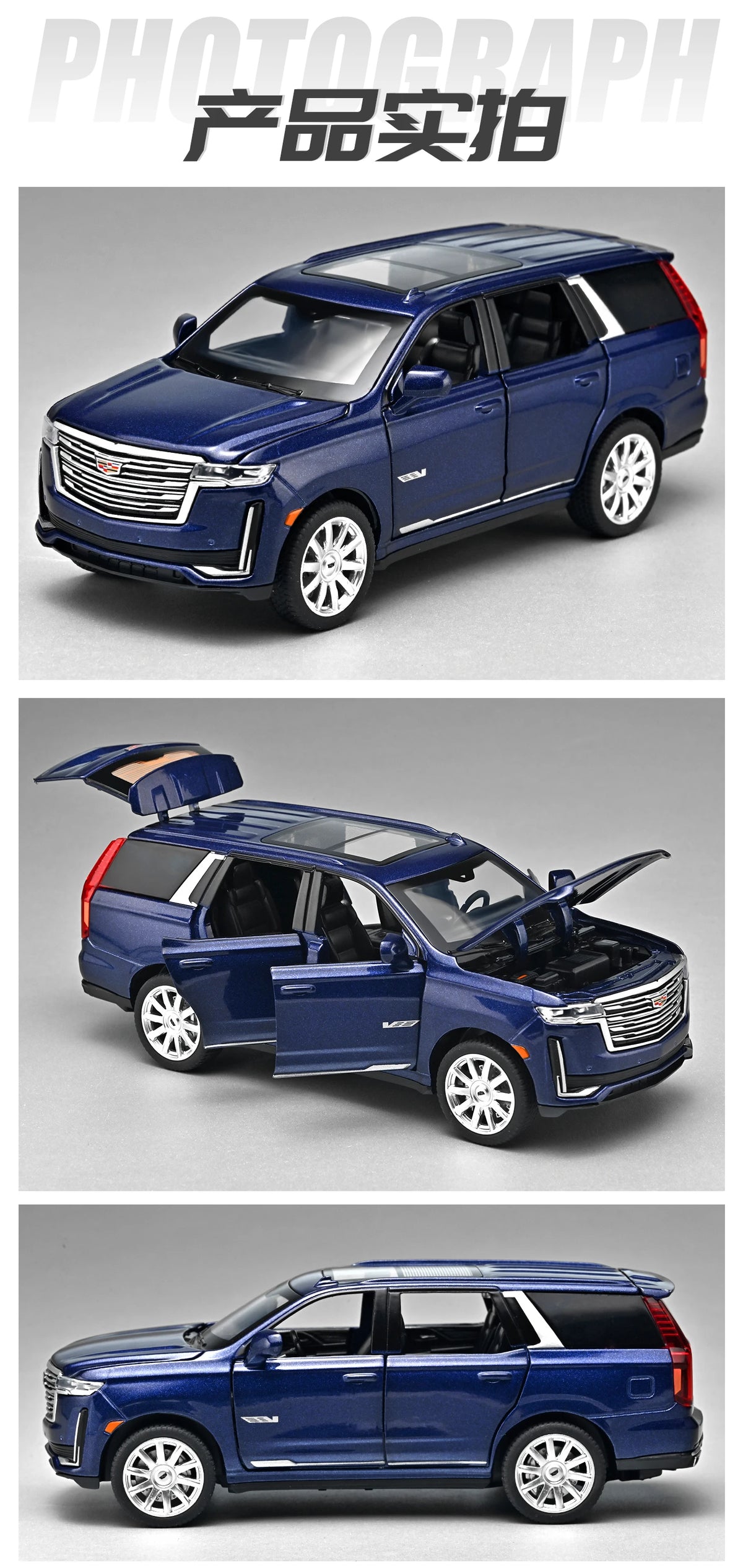 A blue 1:32 scale diecast Cadillac Escalade pull-back model car shown in various angles.