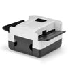 A portable automatic card shuffler with a white and black casing and a black lid is shown on a white background.