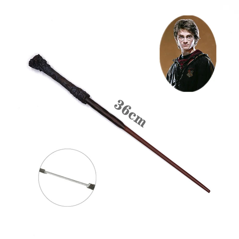 A long, dark metal magic wand with a textured handle and a decorative top, shown next to a circular portrait.