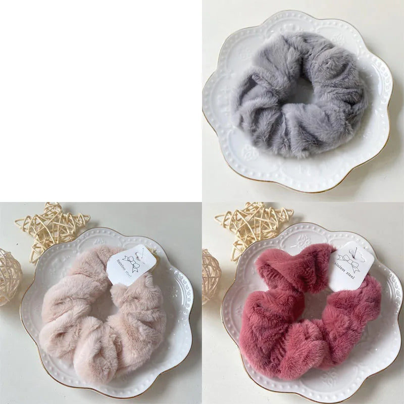 Plush Knit Scrunchie Hair Ties with Leather Accent