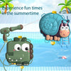 A blue turtle-shaped water gun and a green dinosaur-shaped water gun floating in blue water.