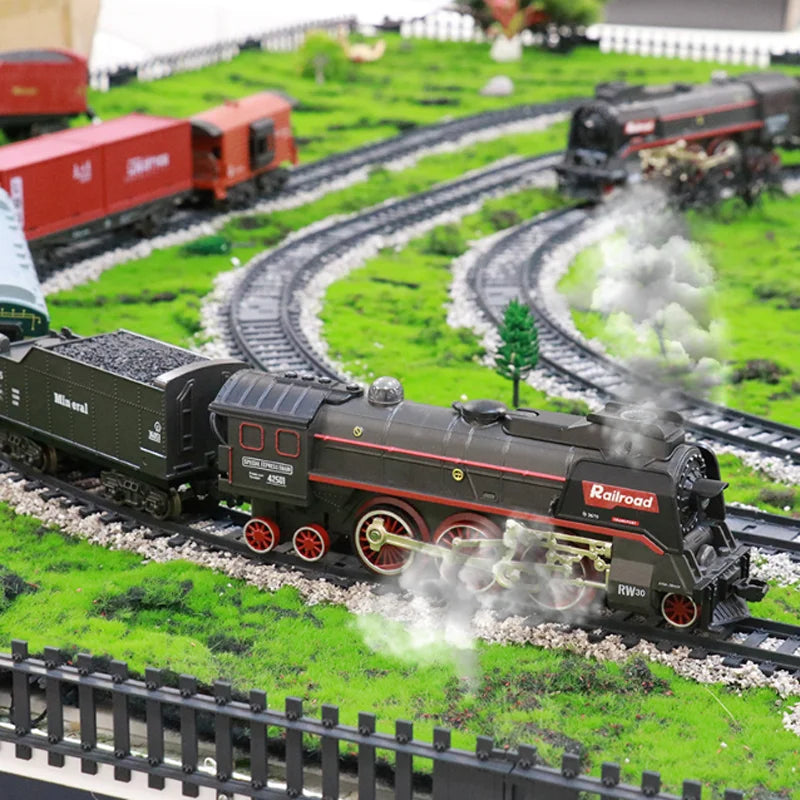 A black vintage steam train model is moving along a green landscape of model railway tracks with smoke effects.