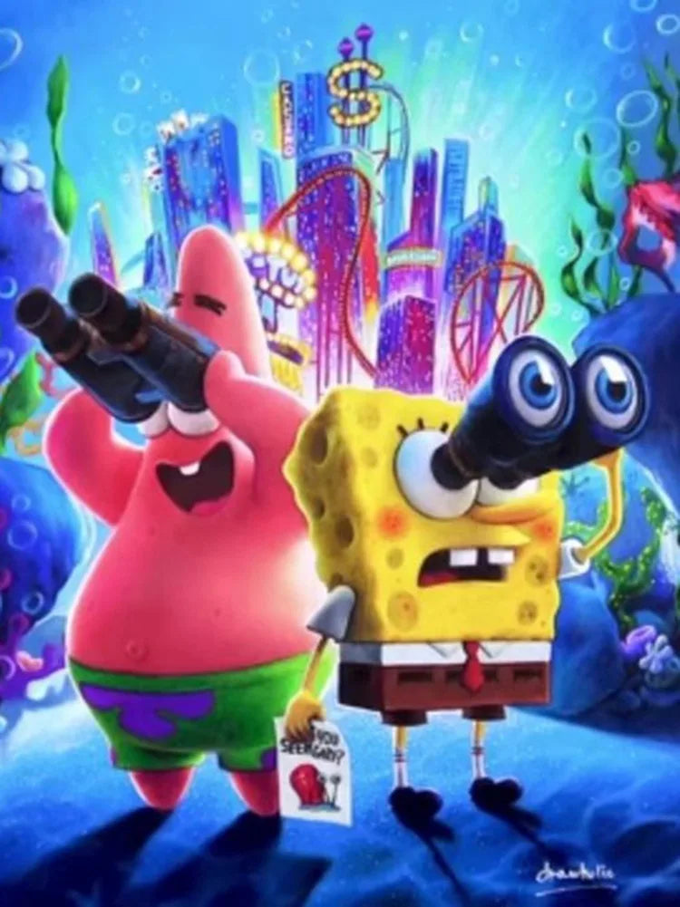 A cartoon illustration of SpongeBob and Patrick in a vibrant underwater scene.