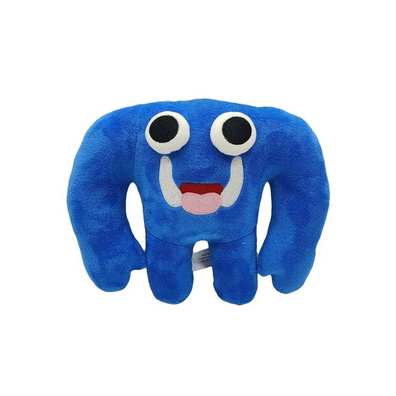 Blaues Plüschtier, das eine Cartoon-Figur mit großen Augen und einem lächelnden Mund ähnelt.