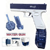 A white water gun is shown alongside its components, including a suction cup and a blue water bottle.