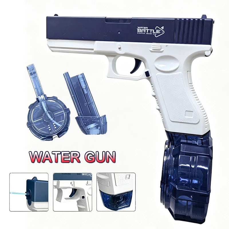 A white water gun is shown alongside its components, including a suction cup and a blue water bottle.