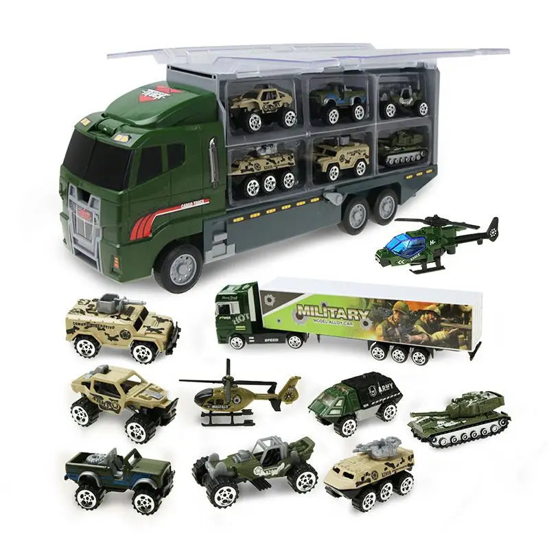 A diecast construction vehicle playset featuring a green truck and various military vehicles.