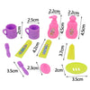A set of mini dollhouse cleaning and medical accessories including purple and pink bottles, cups, and tools.