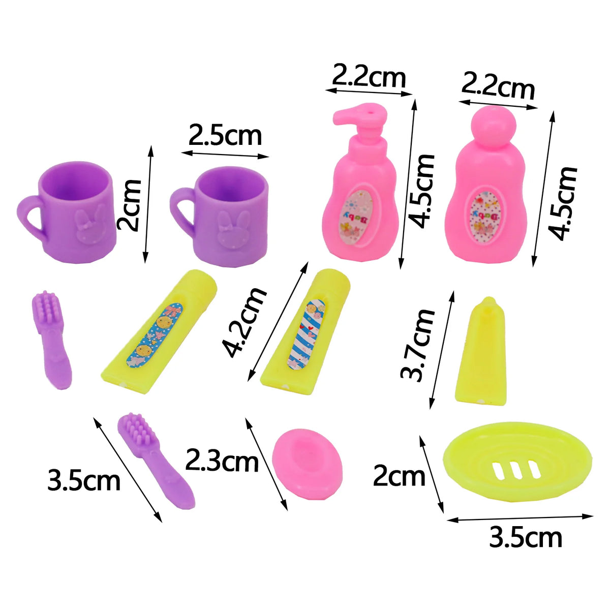 A set of mini dollhouse cleaning and medical accessories including purple and pink bottles, cups, and tools.
