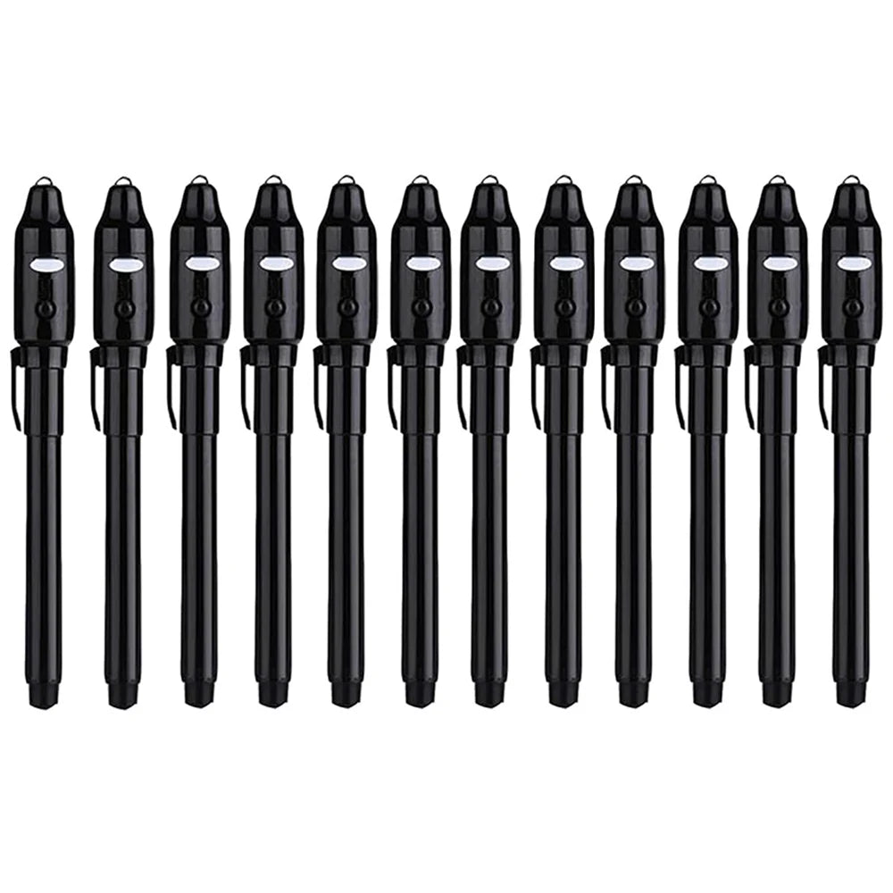 A set of black invisible ink spy pens with UV light for secret messages.