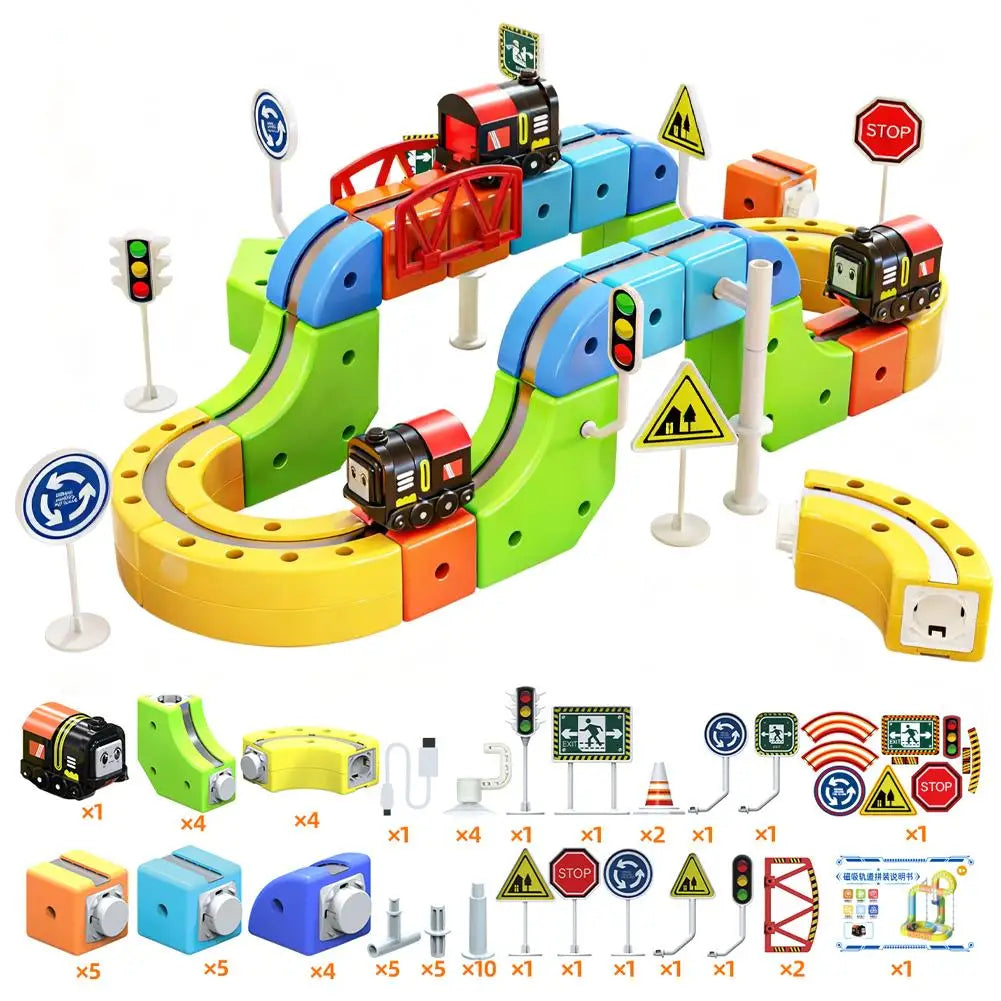 A set of 3D magnetic cube track building with a USB rechargeable train and various accessories.