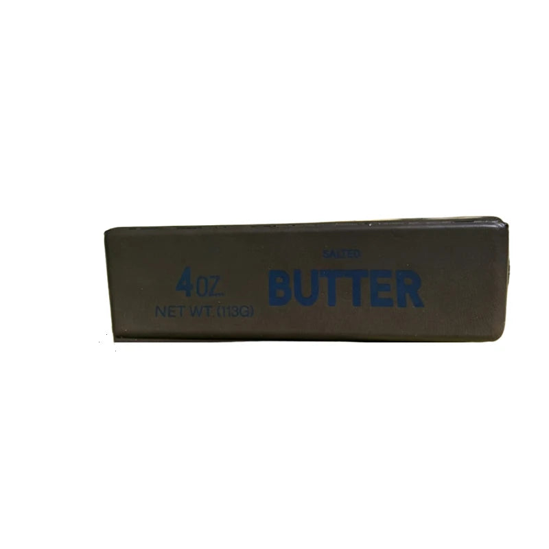 A rectangular block of salted butter labeled 4oz butter net wt 113g