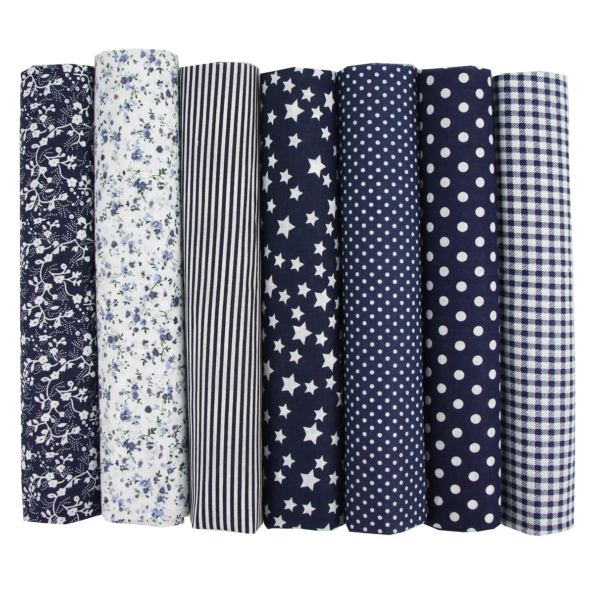 A pack of seven vertically striped and patterned cotton fabric squares for quilting and patchwork projects.