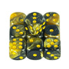A set of ten mixed-color, 12mm dice with yellow dots for board games and RPGs.