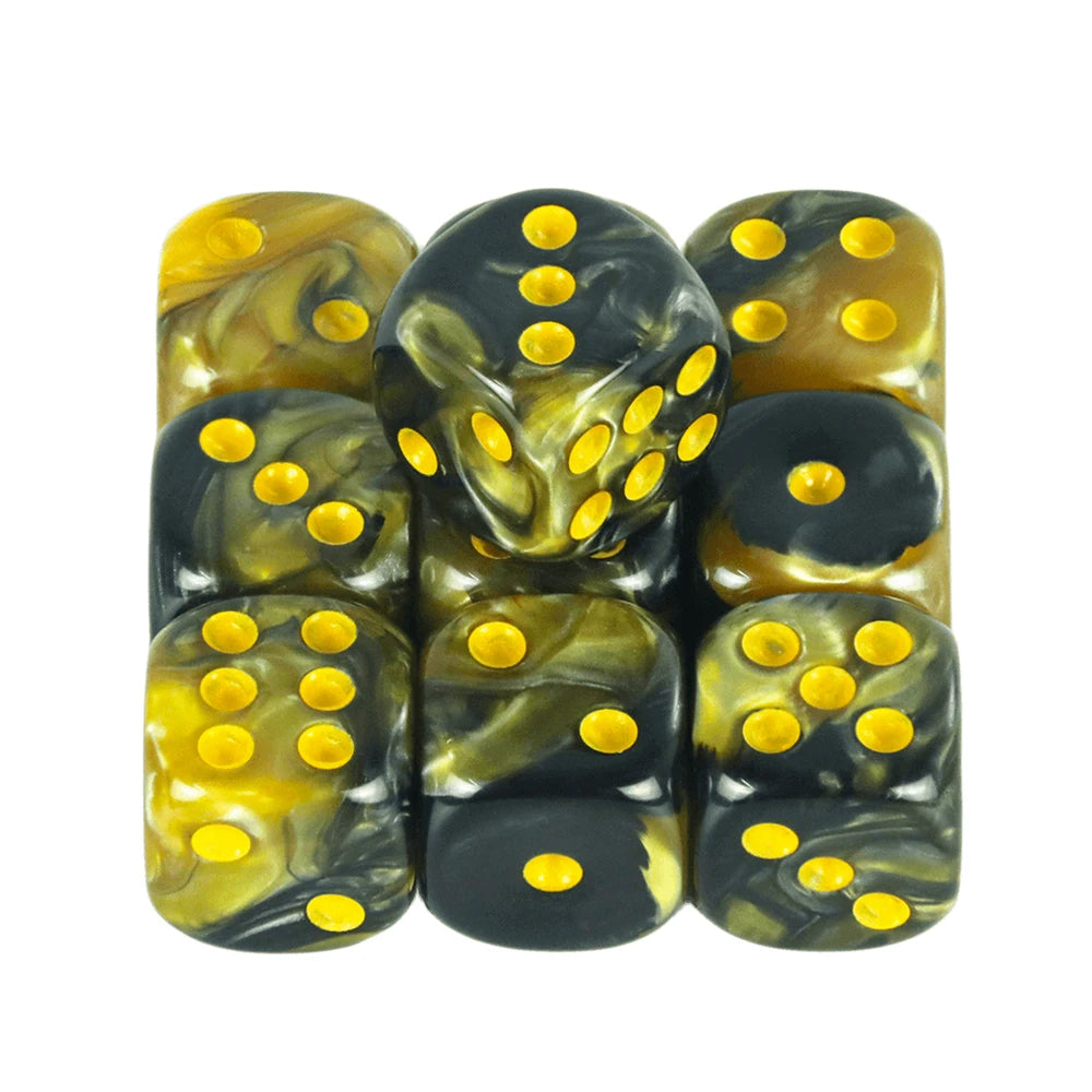 A set of ten mixed-color, 12mm dice with yellow dots for board games and RPGs.