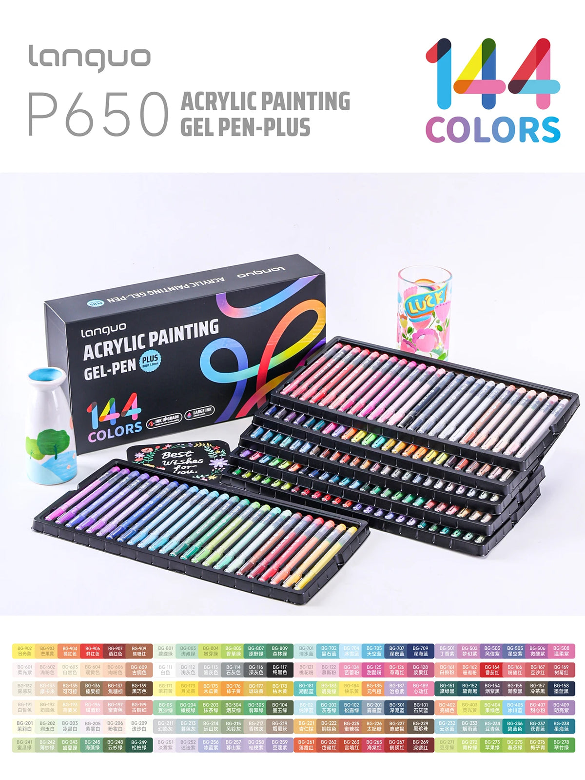 A box and several trays of Languo Acrylic Painting Gel Pen Plus colored pens are displayed.