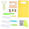 A set of yellow and green plastic knives and kitchen tools for kids cooking