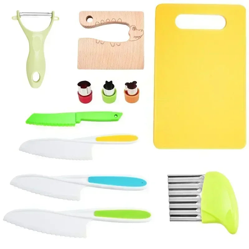 A set of yellow and green plastic knives and kitchen tools for kids cooking