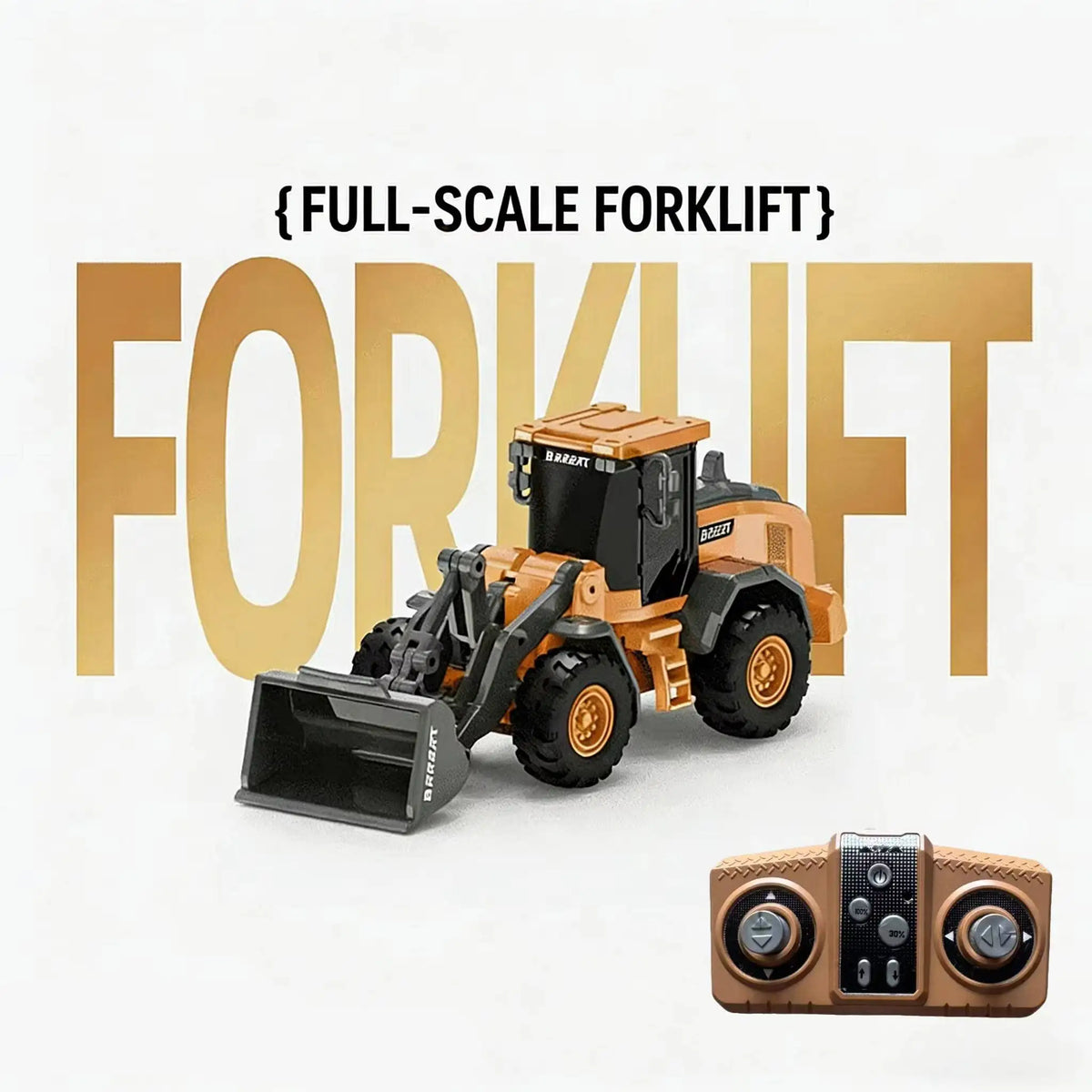 A full-scale forklift model in orange and black is shown against a white background.