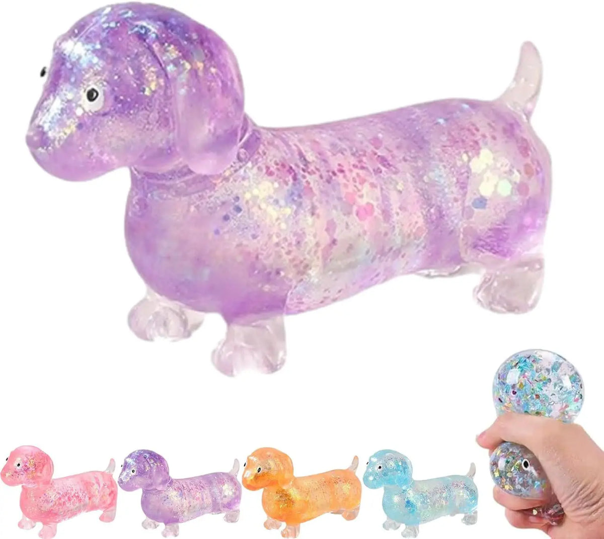 Collection de jouets anti-stress en forme de dachshund pailletés et squishy de diverses couleurs comme le violet, le rose, l'