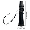 A black portable kazoo flute with a lanyard attached, shown next to its dimensions.