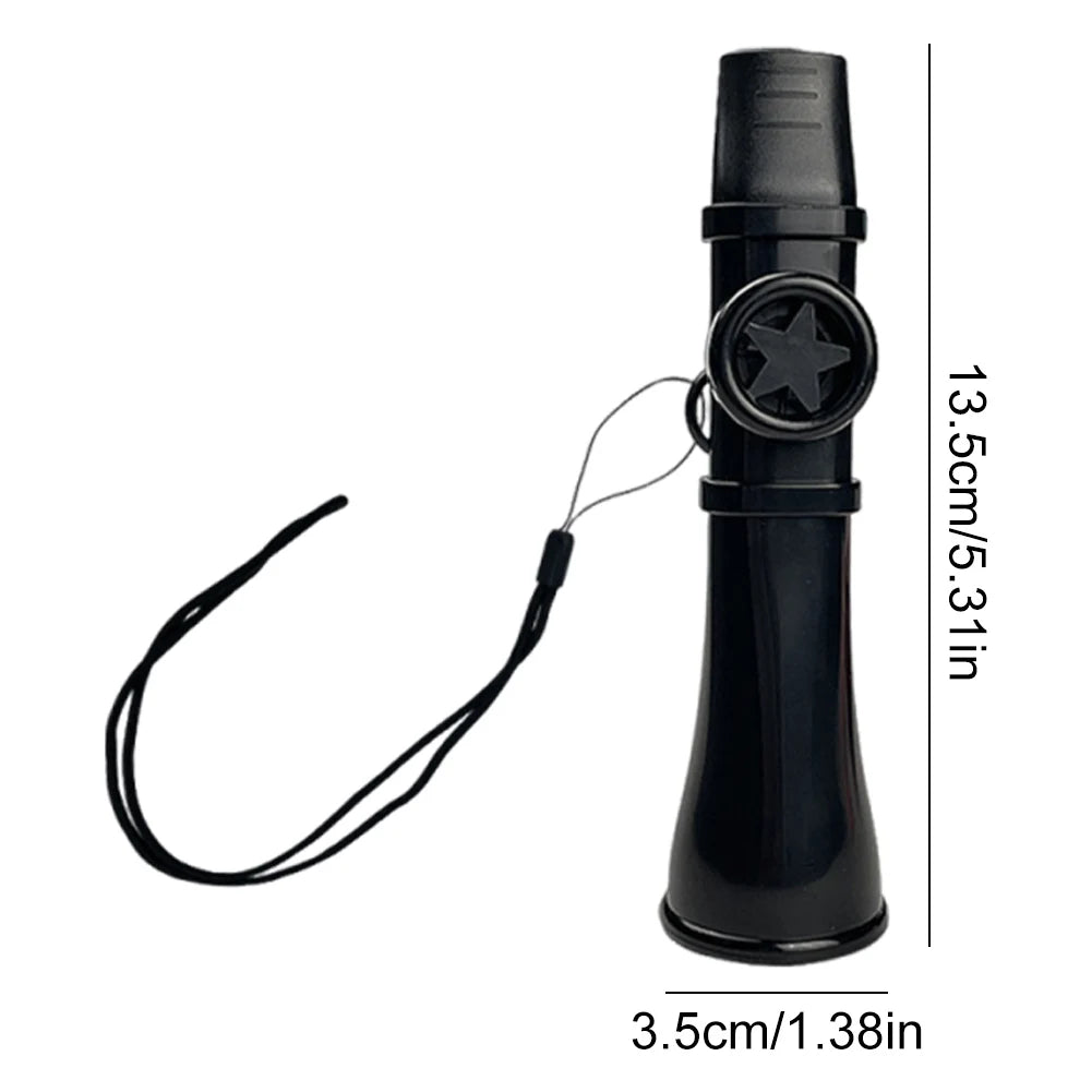 A black portable kazoo flute with a lanyard attached, shown next to its dimensions.