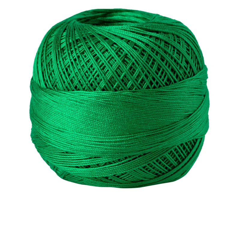 A ball of bright green 100% cotton crochet thread used for tatting and embroidery.