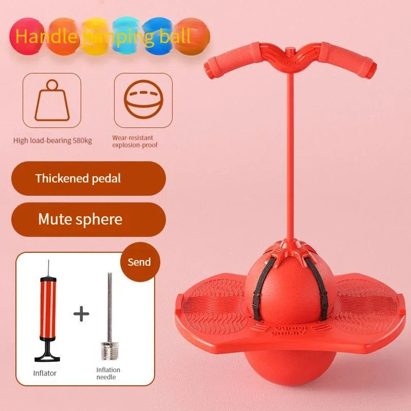 Red bouncing ball trainer with a handle, thickened pedal, and mute sphere components shown for sale.