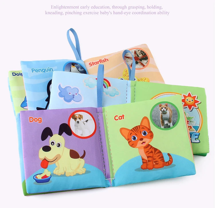 A set of soft cloth books featuring various 3D animals like penguin, starfish, dog, cat, and others for baby learning.