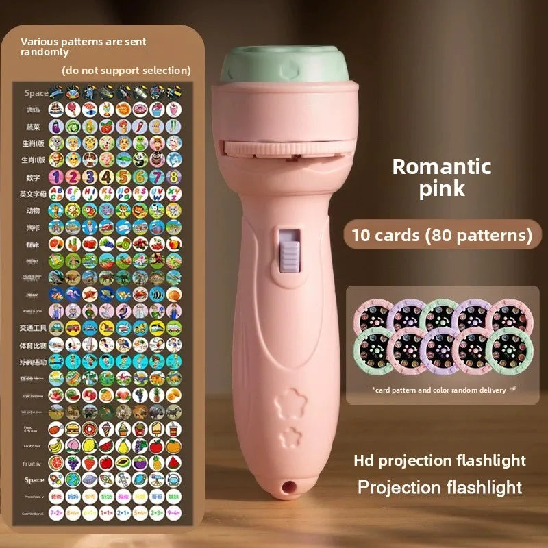 A pink projection flashlight with various patterns, including Christmas themes, is shown next to a grid of patterns.