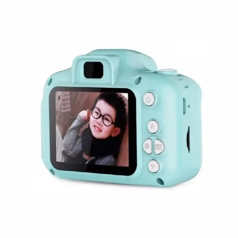 A light blue kids mini digital camera with a selfie lens is shown against a white background.