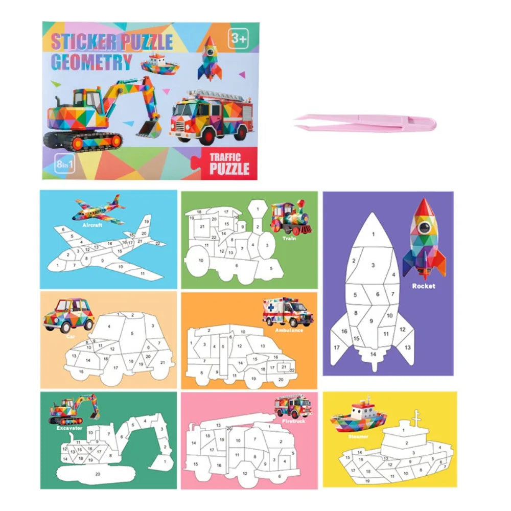 A set of sticker puzzles featuring various geometric animals and vehicles for kids
