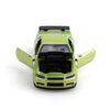 A lime green die-cast sports car model with pull-back action.