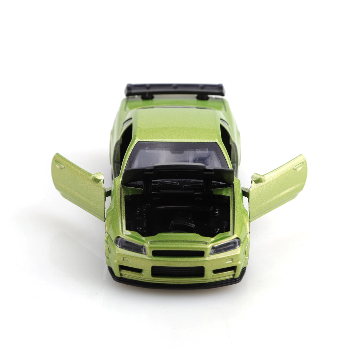 A lime green die-cast sports car model with pull-back action.