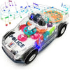 A transparent police car toy featuring colorful gears, lights, and music elements.