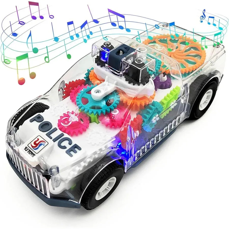 A transparent police car toy featuring colorful gears, lights, and music elements.