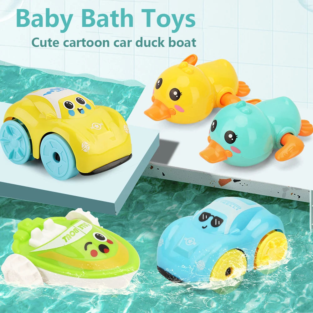 A collection of cute cartoon duck bath toys including a yellow car duck boat and a blue duck toy in water.