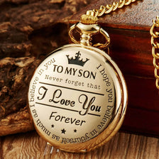A gold-toned pendant necklace featuring an engraved message I love you forever to my son