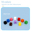 A collection of ten colored linking cubes in various shades including blue, red, yellow, green, and purple on a light blue su