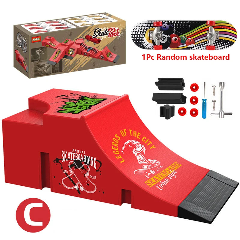 A red skateboard park set featuring ramps, rails, and a skateboard, packaged in a box.