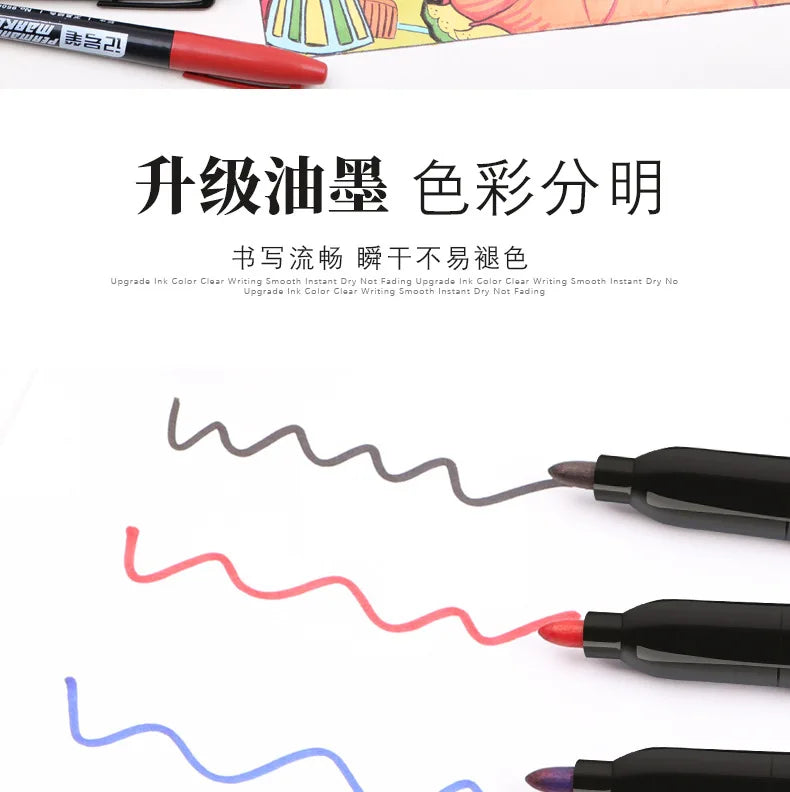 A close-up of several permanent fine-tip markers in various colors, demonstrating smooth ink flow.