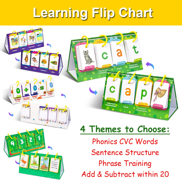 A set of four themed learning flip charts for phonics, sentence structure, phrase training, and addition/subtraction within 2