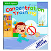 A colorful sticker book for children teaching concentration skills featuring animal scenes and preschool learning activities.