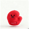 A bright red plush sports ball keychain with a fierce face design and the name QUAN embroidered on the tag.