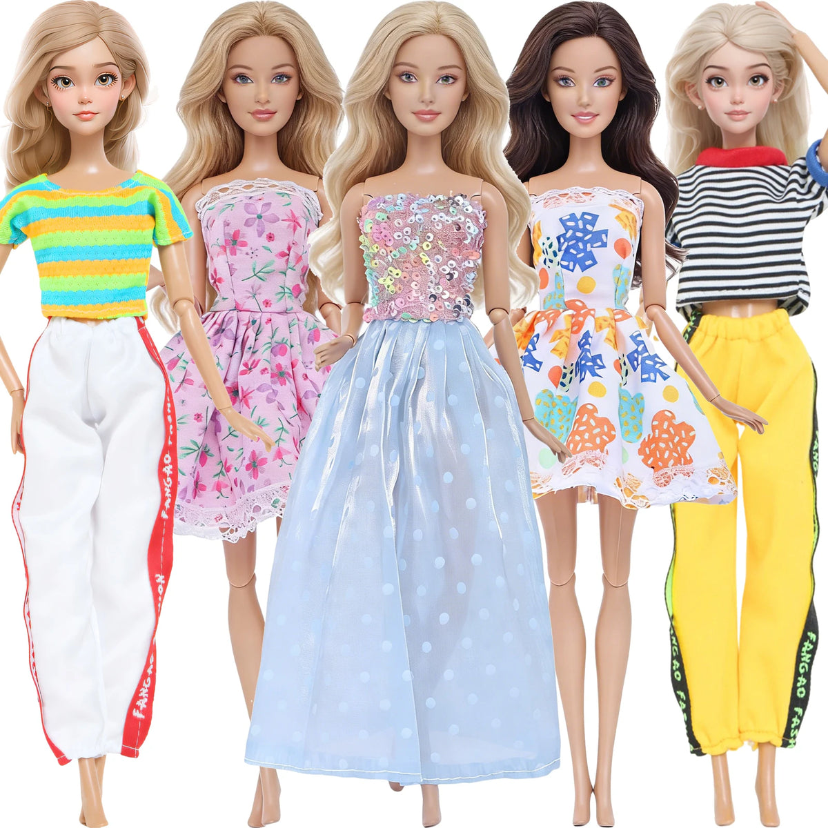 A set of five handmade casual doll outfits featuring various dresses and pants for 1/6 scale dolls.