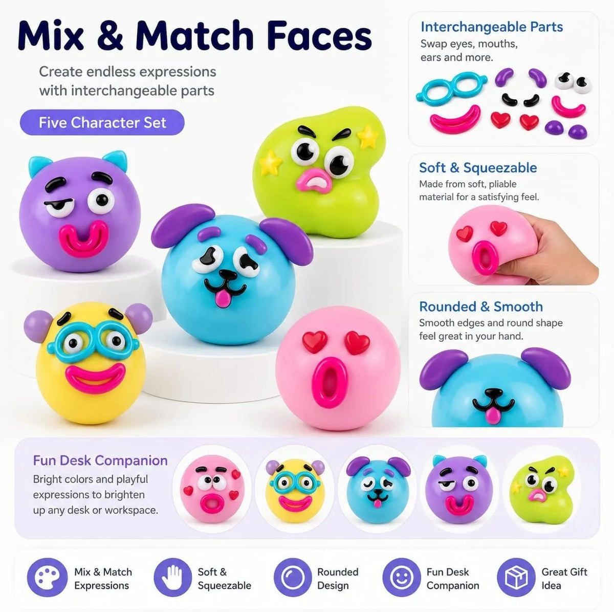 A set of five colorful, interchangeable moldable dog face squishy stress relief toys.
