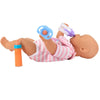 A baby doll is shown feeding from a purple bottle while wearing a blue pacifier.