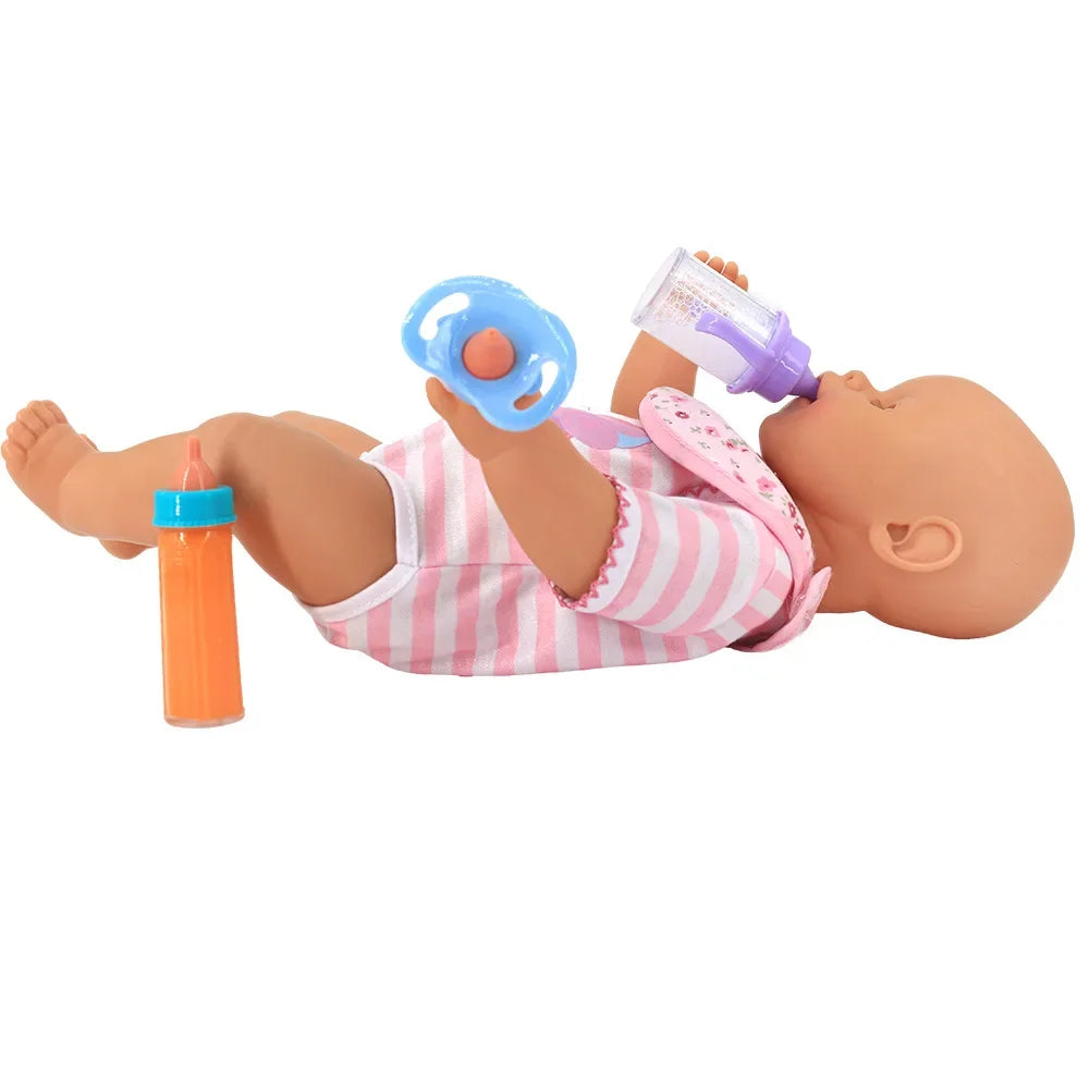 A baby doll is shown feeding from a purple bottle while wearing a blue pacifier.