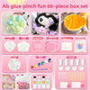 A box set of 66 pieces for making glue pinch fun crafts including molds, powders, and finished products.